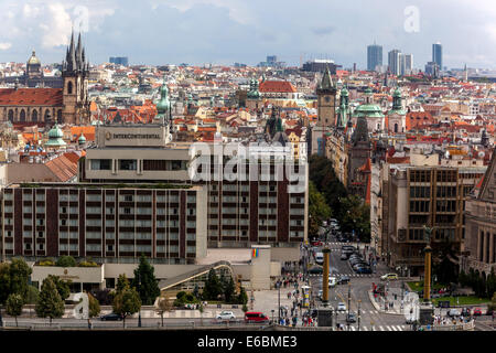 Prague Cityscape Foreground Hotel Intercontinental, Parizska Street, Tyn church, skyscrapers Pankrac Prague panorama Old Town Czech Republic City view Stock Photo