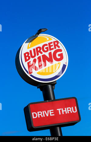 Standard sign for a Burger King fast food outlet and drive thru restaurant Stock Photo