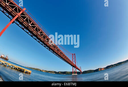 Portugal, Lisbon: Fisheye perspective of the bridge Ponte 25 de Abril Stock Photo