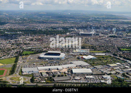 An aerial view of Cardiff, South Wales. Looking from the west with the Cardiff City Stadium and Millennium Stadium both visible. Stock Photo