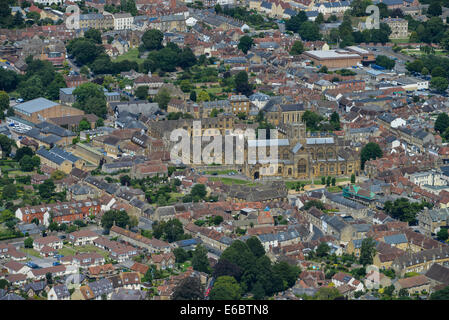 An aerial view showing Sherborne Abbey and the immediate surroundings. Dorset, United Kingdom Stock Photo