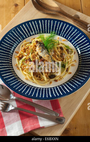 Pasta con le sarde. Bucatini with sardines and fennel. Stock Photo