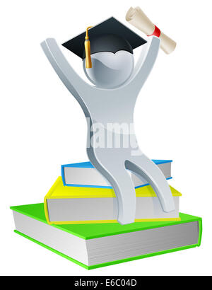 Graduation person on books holding diploma scroll and wearing mortar board, education concept Stock Photo