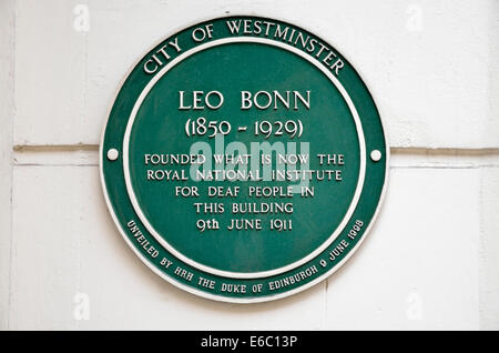 London, England, UK. Commemorative Plaque for Leo Bonn (1850-1929) founded the Royal National Institute for the Deaf in this bui Stock Photo