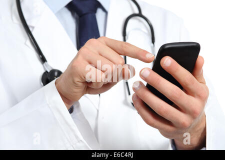 Doctor hands texting on a smart phone isolated on a white background Stock Photo