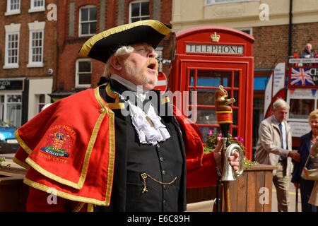 Chester, UK. 20th August, 2014. Alan Myatt Town Crier for Gloucester at The World Town Crier Tournament being held outside the Town Hall in Chester City Centre UK Credit:  Andrew Paterson/Alamy Live News
