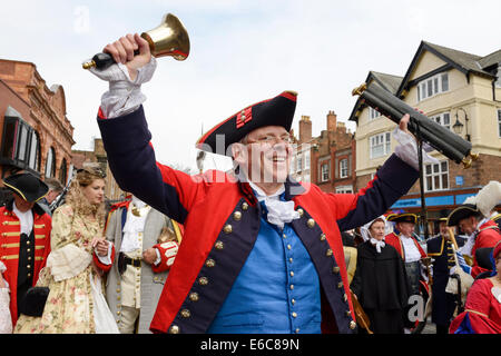 Chester, UK. 20th August, 2014. David Mitchell Town Crier for Chester and the organiser of The World Town Crier Tournament being held outside the Town Hall in Chester City Centre UK Credit:  Andrew Paterson/Alamy Live News
