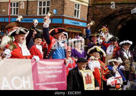 Chester, UK. 20th August, 2014. Entrants for The World Town Crier Tournament being held outside the Town Hall in Chester City Centre UK Credit:  Andrew Paterson/Alamy Live News