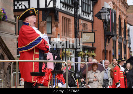 Chester, UK. 20th August, 2014. Mike Wabe Town Crier for Thetford Norfolk at The World Town Crier Tournament being held outside the Town Hall in Chester City Centre UK Credit:  Andrew Paterson/Alamy Live News