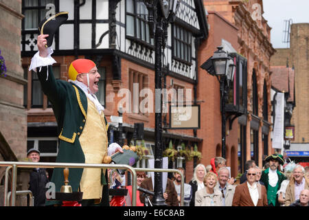 Chester, UK. 20th August, 2014. Darren McCubbin Town Crier for the Shire of Wellington Australia at The World Town Crier Tournament being held outside the Town Hall in Chester City Centre UK Credit:  Andrew Paterson/Alamy Live News