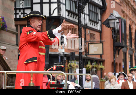 Chester, UK. 20th August, 2014. Robin Whicker Town Crier for Alderney in the Channel Islands at The World Town Crier Tournament being held outside the Town Hall in Chester City Centre UK Credit:  Andrew Paterson/Alamy Live News