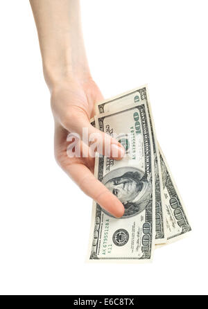 Hand giving dollars banknotes isolated on the white background Stock Photo