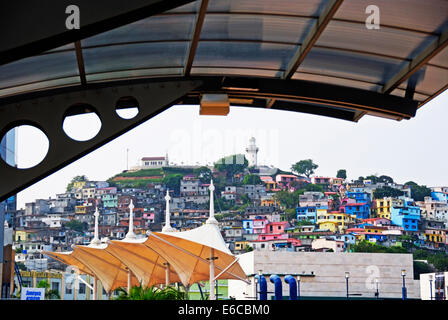 Houses on Cerro Santa Ana from Malecon 2000, a promenade along Guayas river, Guayaquil, Ecuador, South America Stock Photo