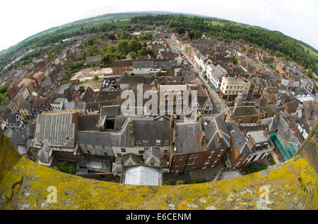 Birds Eye view over Ludlow and the Shropshire Hills from the top of the Parish Church of St Laurence, Ludlow Stock Photo