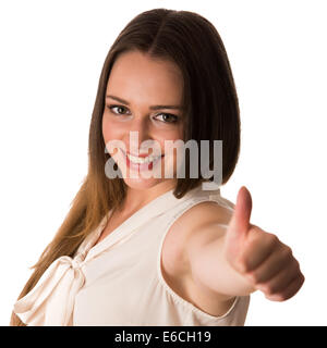 Beautiful woman showing thumb upp as sign of success isolated Stock Photo