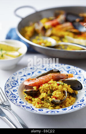 typical Spanish paella with fish and shrimp, Mallorca, Balearic Islands ...