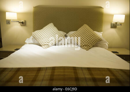 Interior shots of the refurnished rural pub The Kilpeck Inn,  Herefordshire. Bedroom at the Inn in neutral soothing colours. Stock Photo