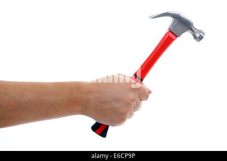 Hand holding a red hammer Stock Photo
