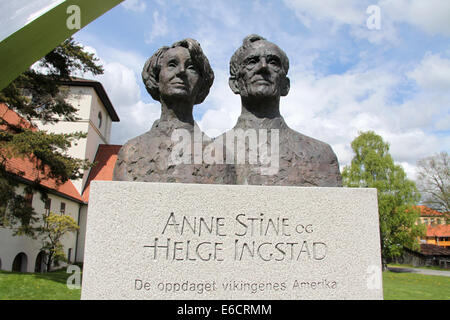 Sculpture of Anne Stine and Helge Ingstad outside the Viking Ship ...