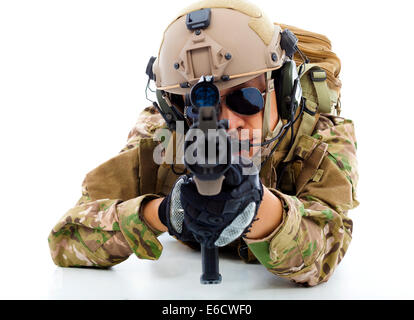 Soldier Aiming With Rifle Over White Background Stock Photo - Alamy