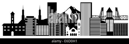 Portland Oregon Outline Silhouette with City Skyline Downtown Panorama Black Isolated on White Background Illustration Stock Photo