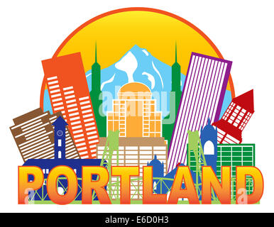 Portland Oregon Outline Silhouette with City Skyline Downtown Circle Color Text Isolated on White Background Illustration Stock Photo