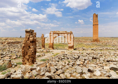 Ruins of the ancient University of Harran and the minaret of the Grand Mosque or Ulu Camii, Harran, Şanlıurfa Province Stock Photo