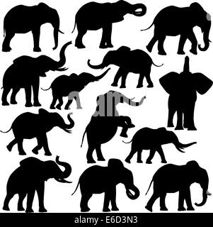 Set of editable vector silhouettes of African elepants in various poses Stock Vector