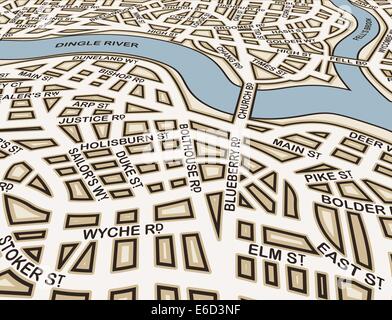 Editable vector illustration of a generic street map and green hills ...