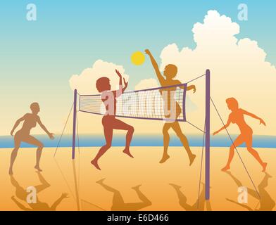 Editable vector colorful silhouettes of women playing beach volleyball Stock Vector