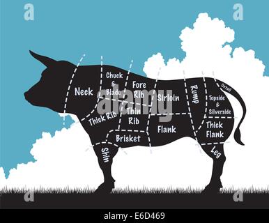 Editable vector illustation of a cow silhouette showing the cuts of meat Stock Vector