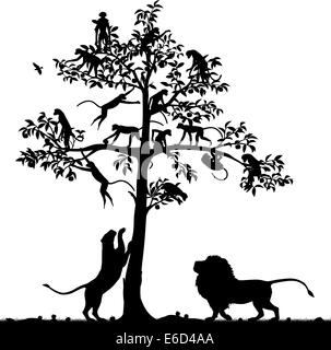 Editable vector silhouette of monkeys in a tree and a pair of lions below with all figures as separate objects Stock Vector