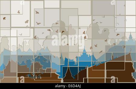 Editable vector mosaic design of birds over a generic east asian city Stock Vector