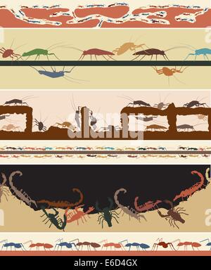 Set of colorful editable vector foregrounds of ants, cockroaches and scorpions Stock Vector