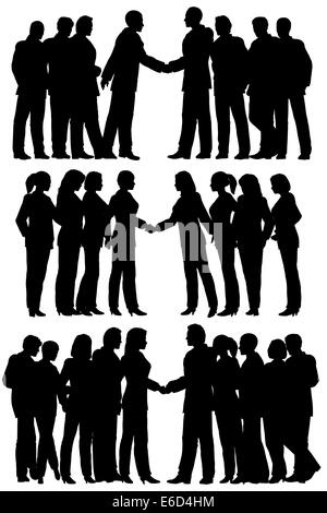 Three sets of editable vector silhouettes of business groups meeting with each person as a separate element Stock Vector