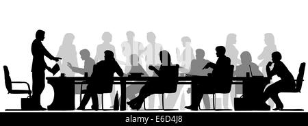 Editable vector foreground silhouette of people in a meeting with all figures and other elements as separate objects Stock Vector