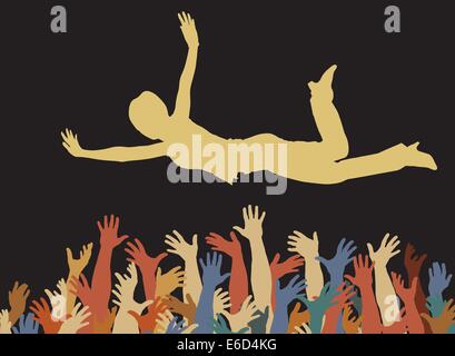 Editable vector illustration of a woman being caught by many hands Stock Vector