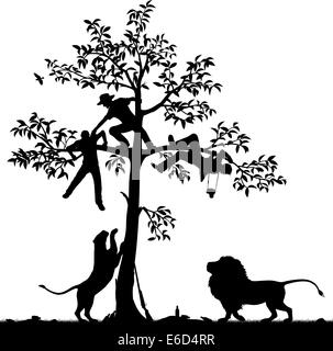 Editable vector silhouette of three men chased into a tree by a pair of lions with all figures as separate objects Stock Vector