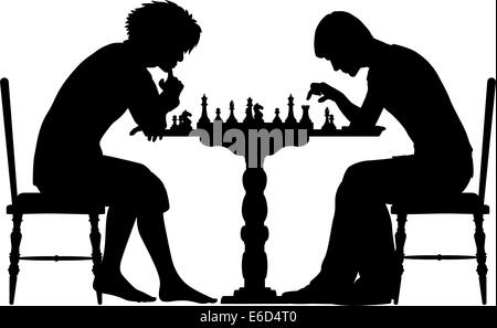 Editable vector silhouettes of two men playing chess with all elements as separate objects Stock Vector