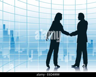 Editable vector illustration of business people shaking hands with a city background Stock Vector