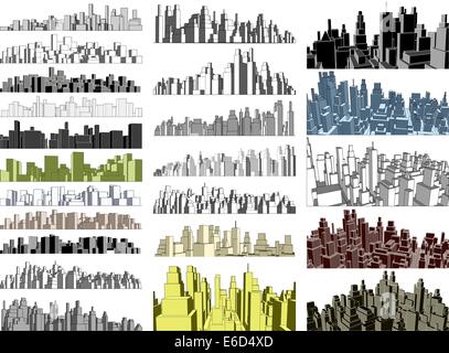 Set of editable vector simple 3-dimensional city skylines Stock Vector