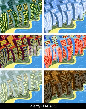 Set of editable vector illustrations of a city bending Stock Vector