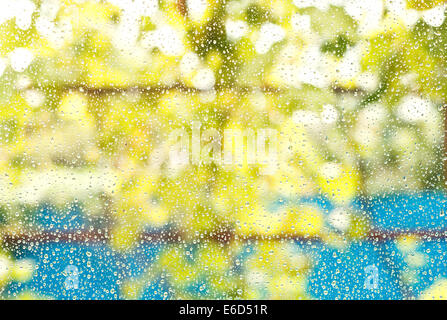 raindrops on window glass after summer rain background Stock Photo