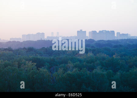 light blue early sunrise over urban houses and park in summer morning Stock Photo