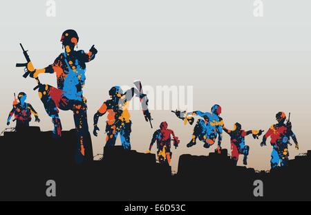 Editable vector illustration of paint splattered armed soldiers charging forward Stock Vector