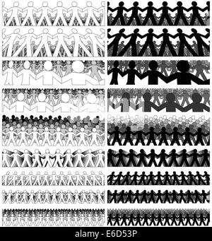 Set of editable vector foregrounds of papermen crowds Stock Vector
