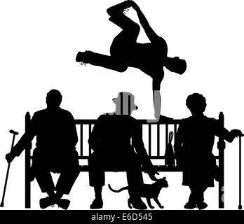 Editable vector silhouette of a young man vaulting over three elderly people on a park bench with all elements as separate objec Stock Vector