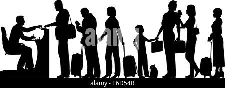 Editable vector silhouettes of a queue of people at an immigration desk with all figures and luggage as separate objects Stock Vector