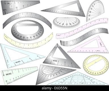 Set of angled and bent editable vector rulers, set squares and protractors in plastic and metal Stock Vector