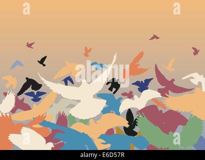 Vector design of a flock of colorful pigeons taking off Stock Vector